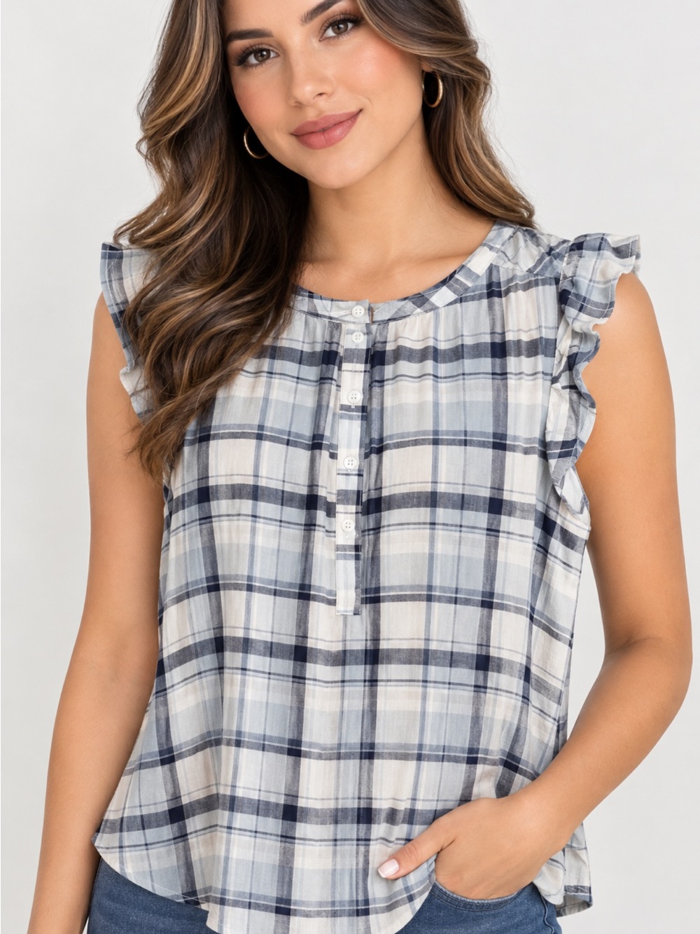 LOFT Light Blue and Navy Plaid Sleeveless Henley Blouse, size xl.